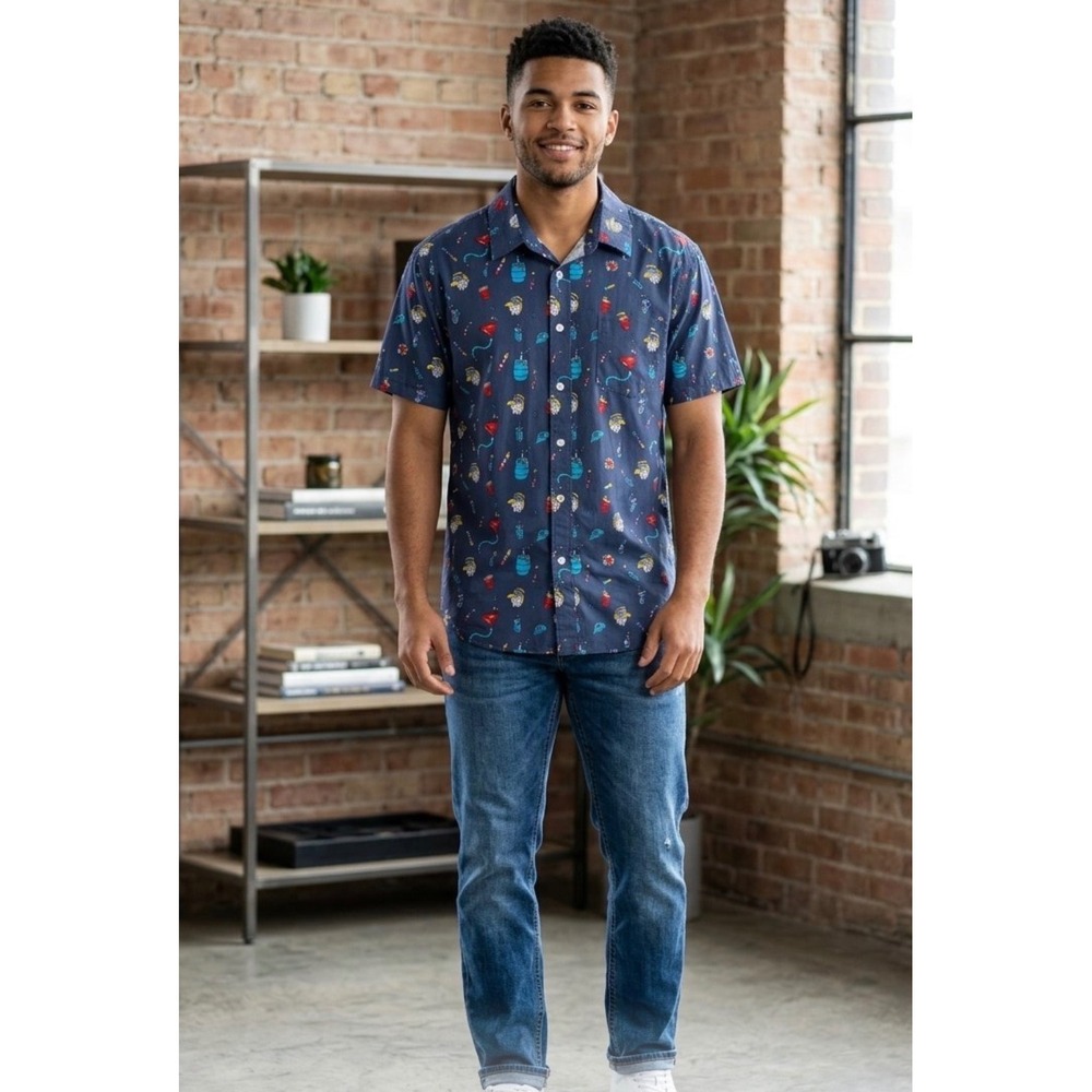 Tipsy Elves Mens XL Navy Blue Patriotic Eagle Beer Bong Short Sleeve Button Down